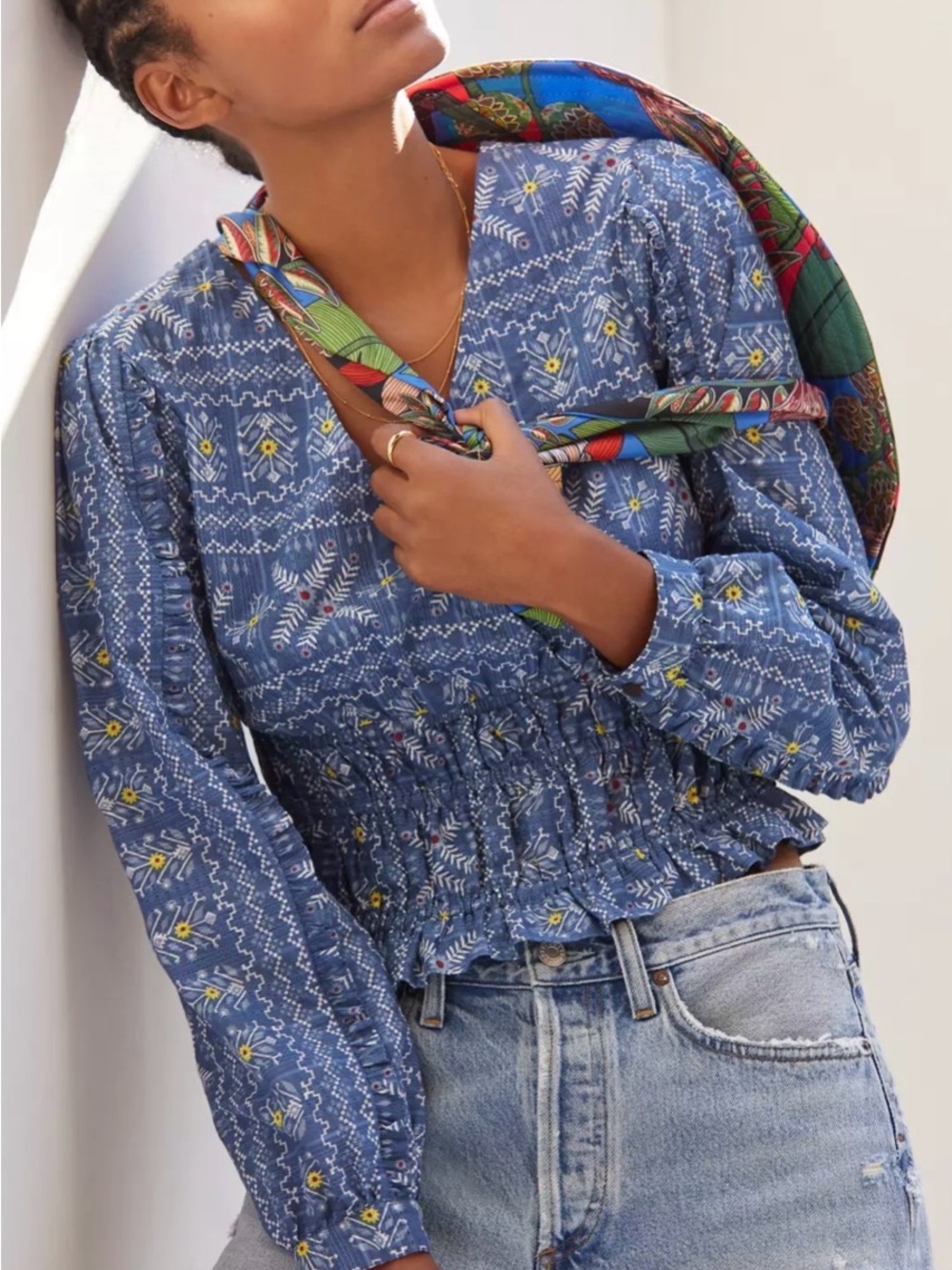 Anthropologie Forever That Girl Smocked Blouse - Blue - Size M